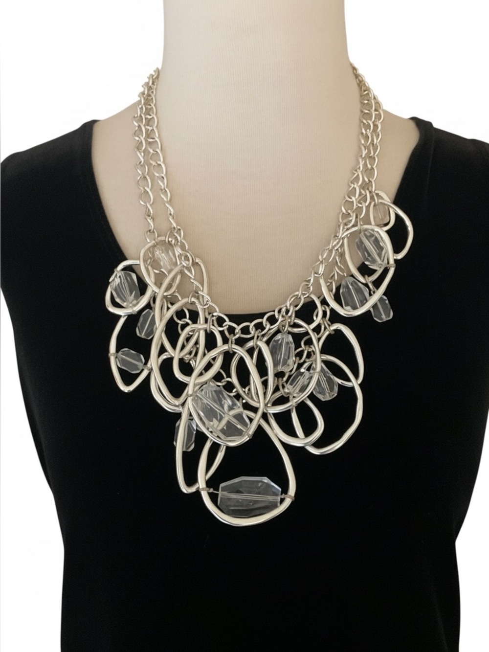Chicos Silver Multi Ring and Crystal Bead Statement Necklace